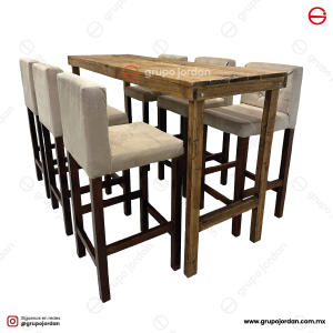 Periquera de madera rústica 6 prs con banco capitonado